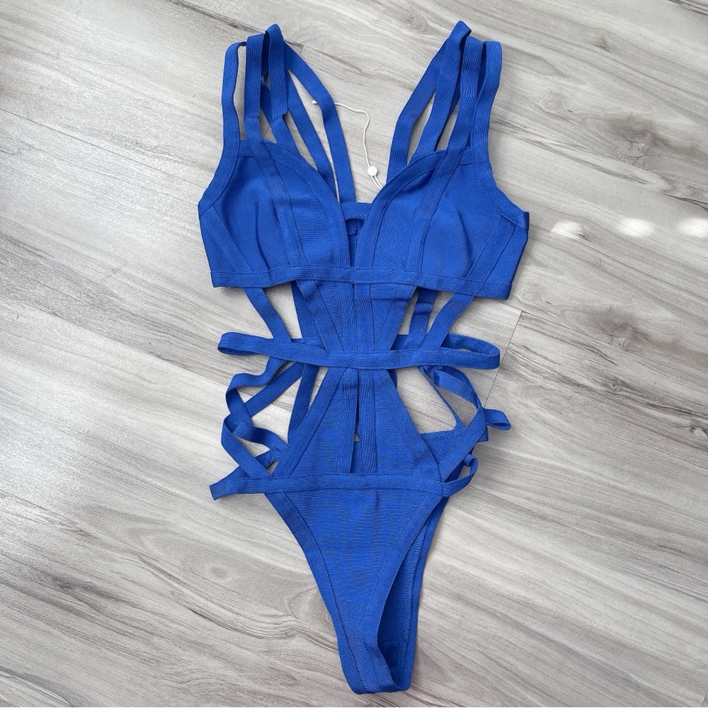 Bandage Strappy Blue One-Piece Swimsuit - Picture 2 of 3